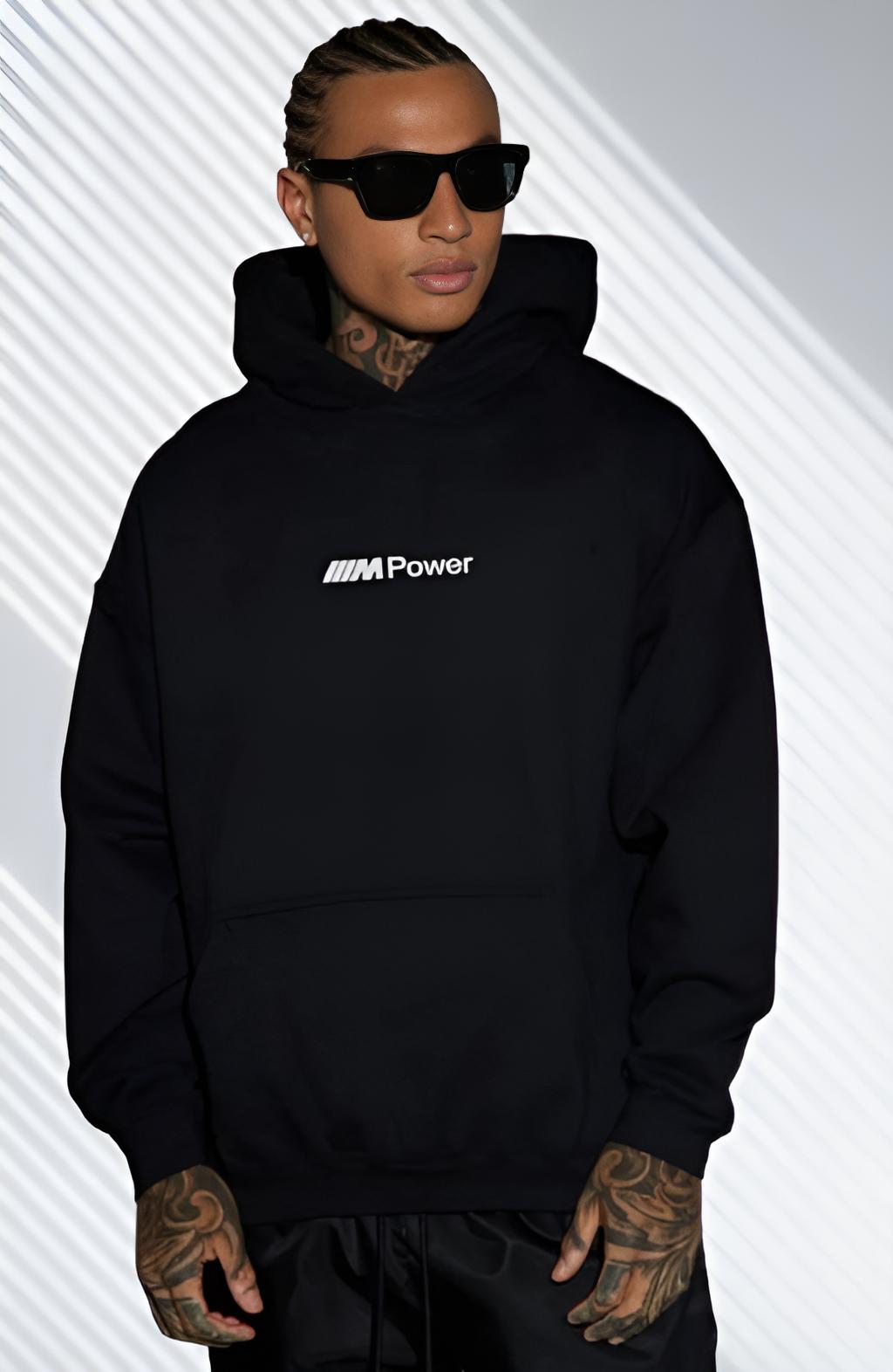 Black oversized hoodie adjustable hood detail 350 GSM