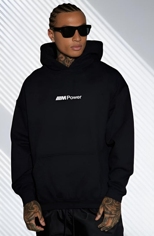 Black oversized hoodie adjustable hood detail 350 GSM