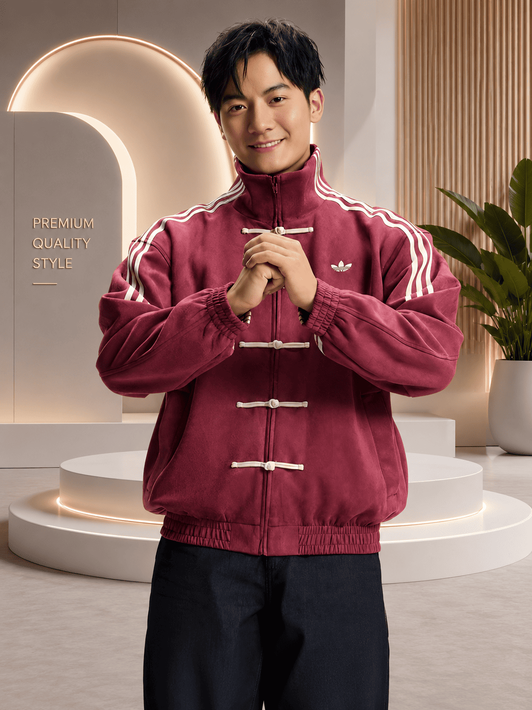 Adidas cultural streetwear jacket with mandarin collar design