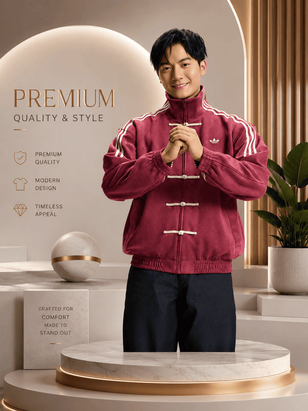 Adidas Chinese New Year Vintage Wine Pink men’s track jacket with mandarin collar and striped sleeves