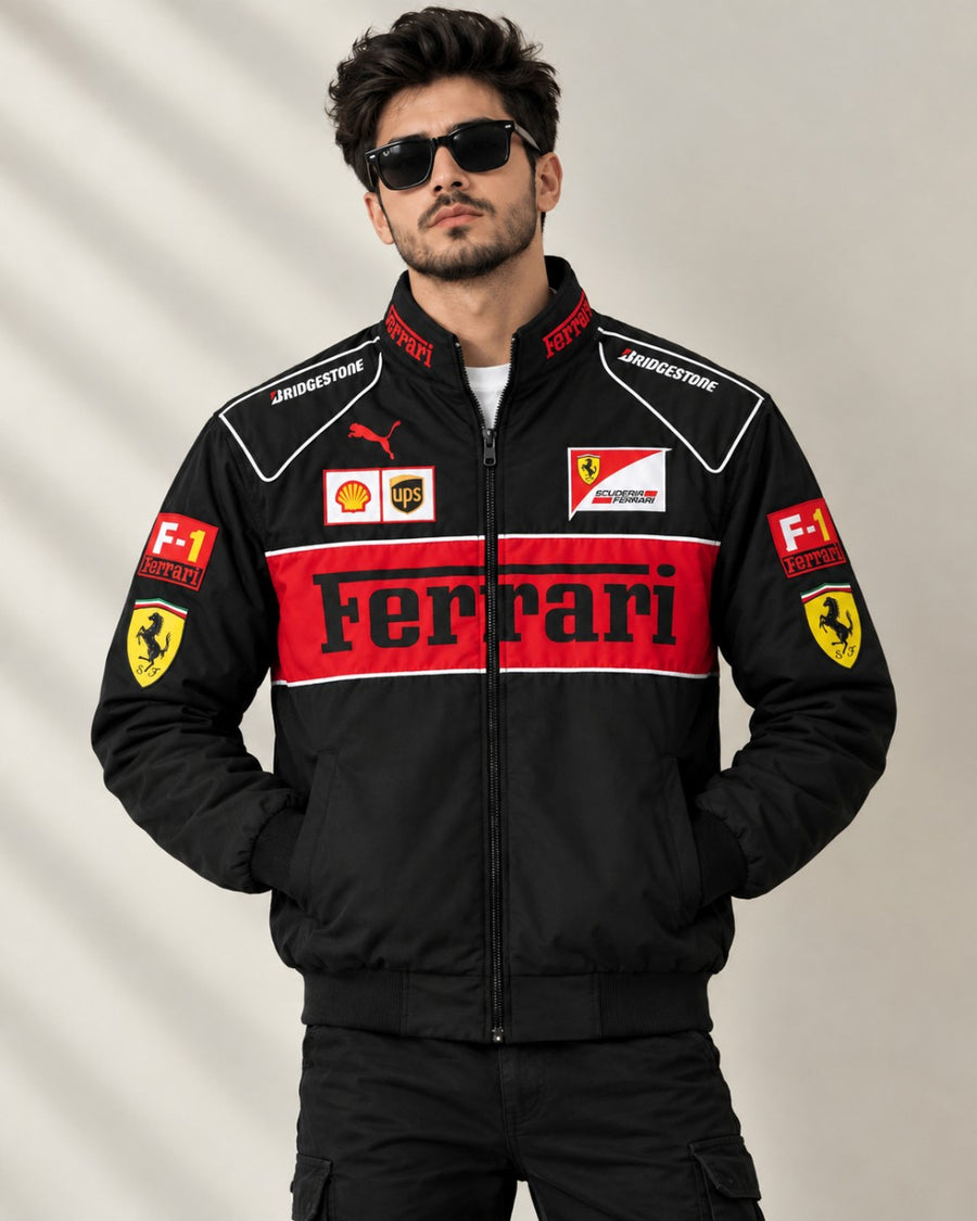 Black Ferrari Turbo Racing Jacket – Premium Racing Streetwear Jacket