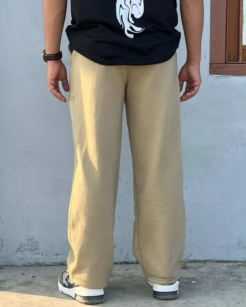 Beige Graphic Printed Wide Leg Pants for Men | Street Style Trendy Casual Trousers