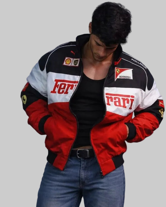 Premium tri color racing jacket for motorsport and streetwear enthusiasts