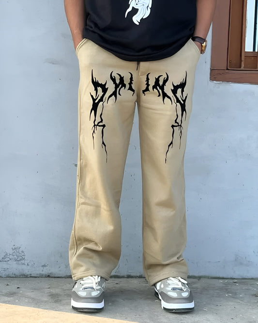 Beige graphic printed wide leg pants for men streetwear style