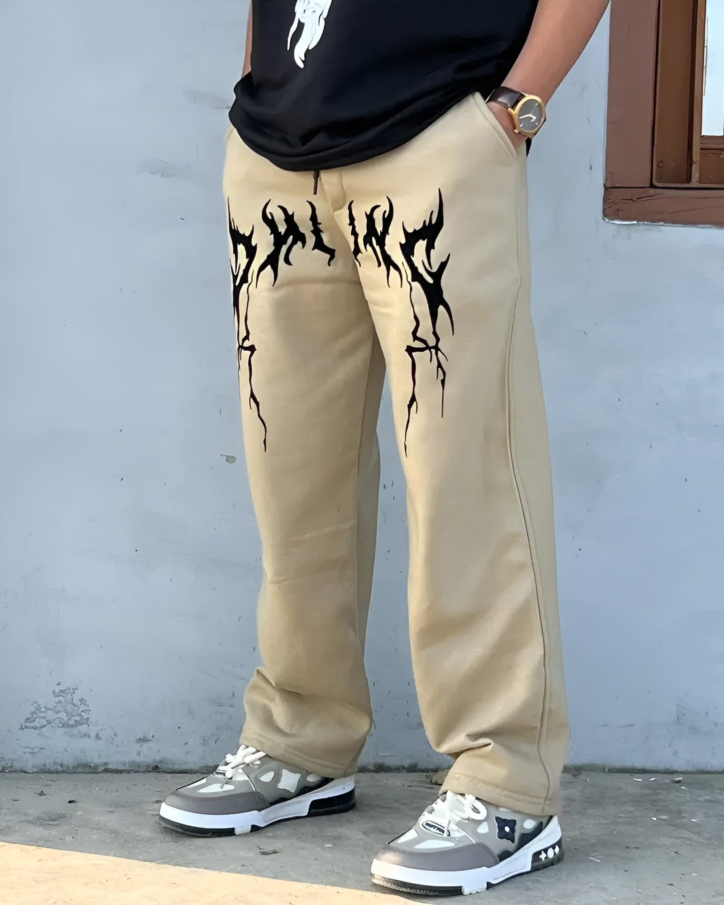 Beige Graphic Printed Wide Leg Pants for Men | Street Style Trendy Casual Trousers