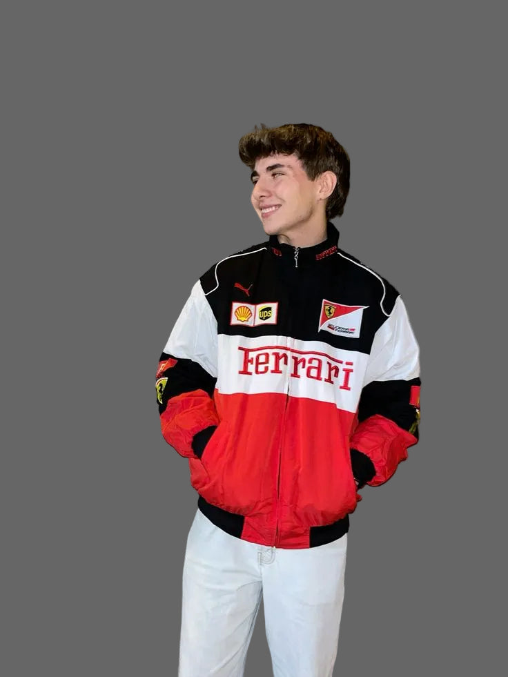 Ferrari racing style jacket paired with urban streetwear fashion