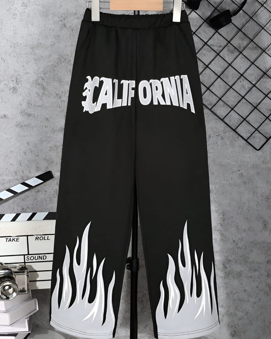 Black & White Flame Print Jogger Trousers – Trendy Urban Style Pants