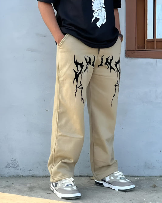Beige graphic printed wide leg pants for men streetwear style